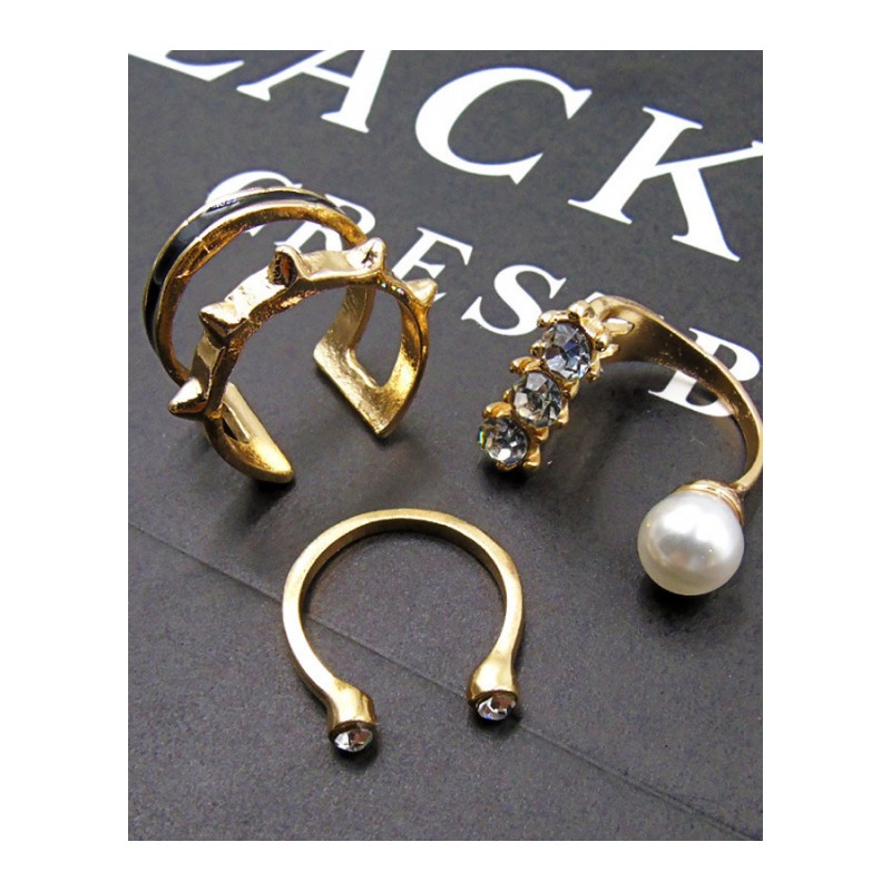 街头朋克个性铆钉三件套戒指镶水钻人造珍珠食指开口指环关节戒YWTL8573送女朋友七夕情人节礼物