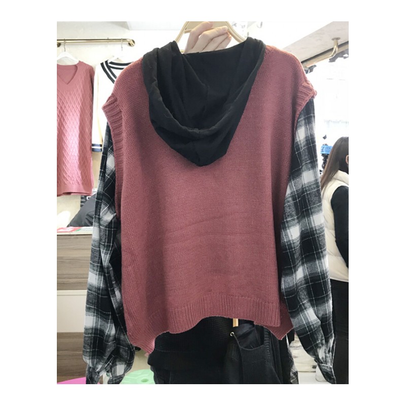 韩版学生bf宽松百搭格子拼接假两件卫衣女连帽上衣潮浅紫红色均码