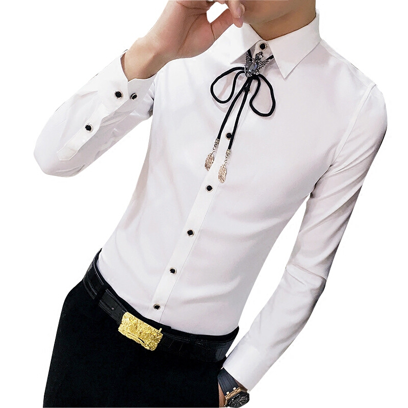春夏白色长袖衬衫青年潮男中袖型师短袖韩版修身夜店七分袖衬衣白色加绒长袖