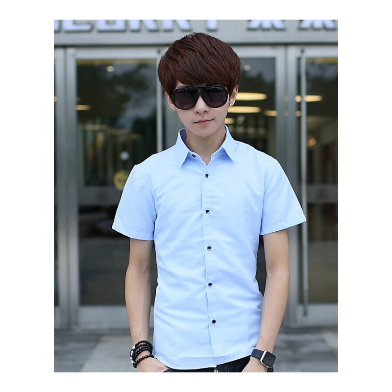 夏季薄款纯色短袖衬衫男士韩版修身休闲短袖衬衣潮男装白色衣服寸