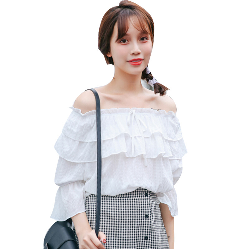 夏季韩版荷叶边系带一字领露肩短袖上衣女宽松显瘦甜美雪纺衫衬衫