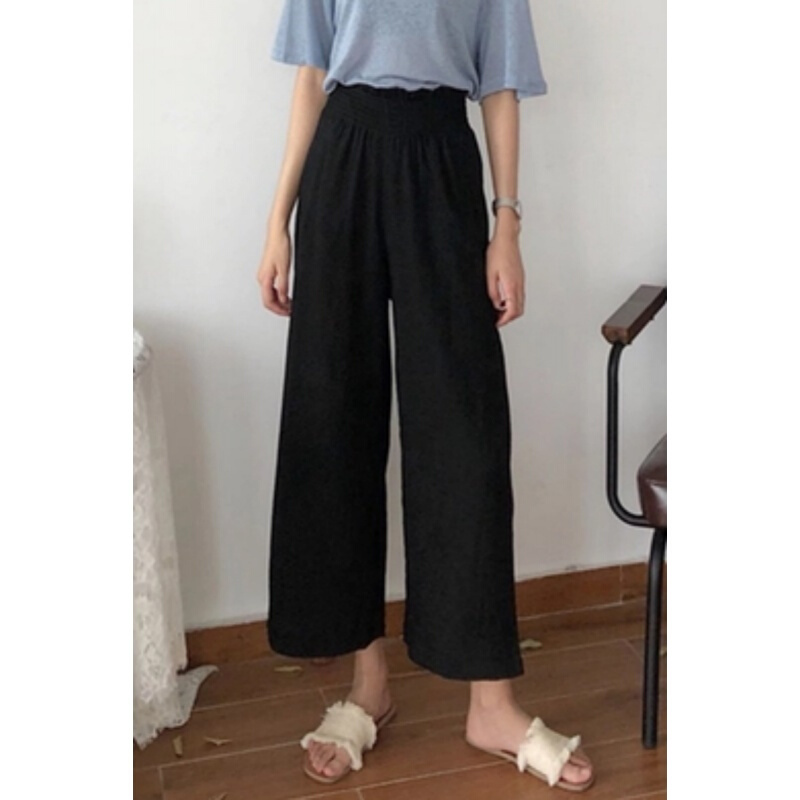 2018春夏女装韩版休闲裤显瘦阔腿裤九分裤高腰直筒裤同款黑色均码