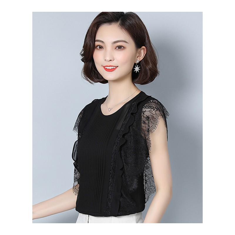无袖短款黑色雪纺蕾丝衫女夏季2018韩版收腰时尚镂空上衣黑色