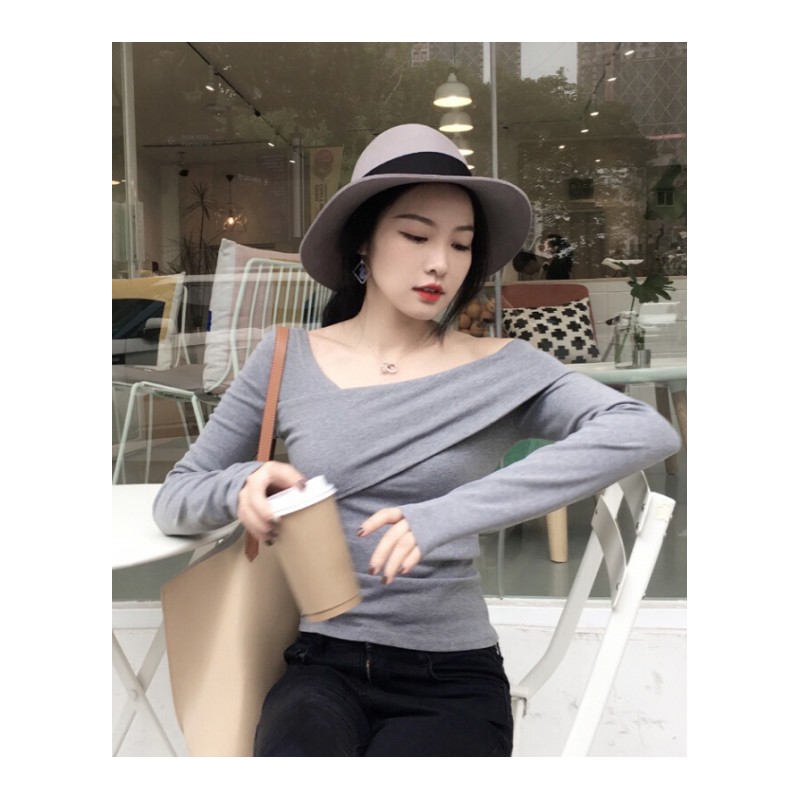 修/紧身低胸性感纯棉套头上衣交叉大V领露斜肩打底衫女长袖秋