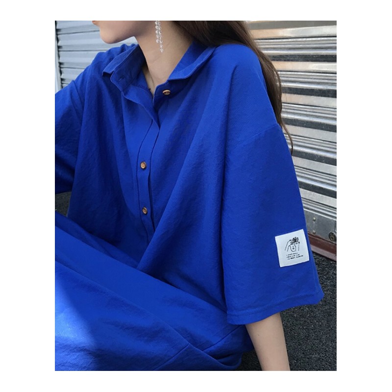 2018夏季韩版短袖衬衫连衣裙宽松显瘦休闲裙子女学生潮黑色薄款显瘦均码