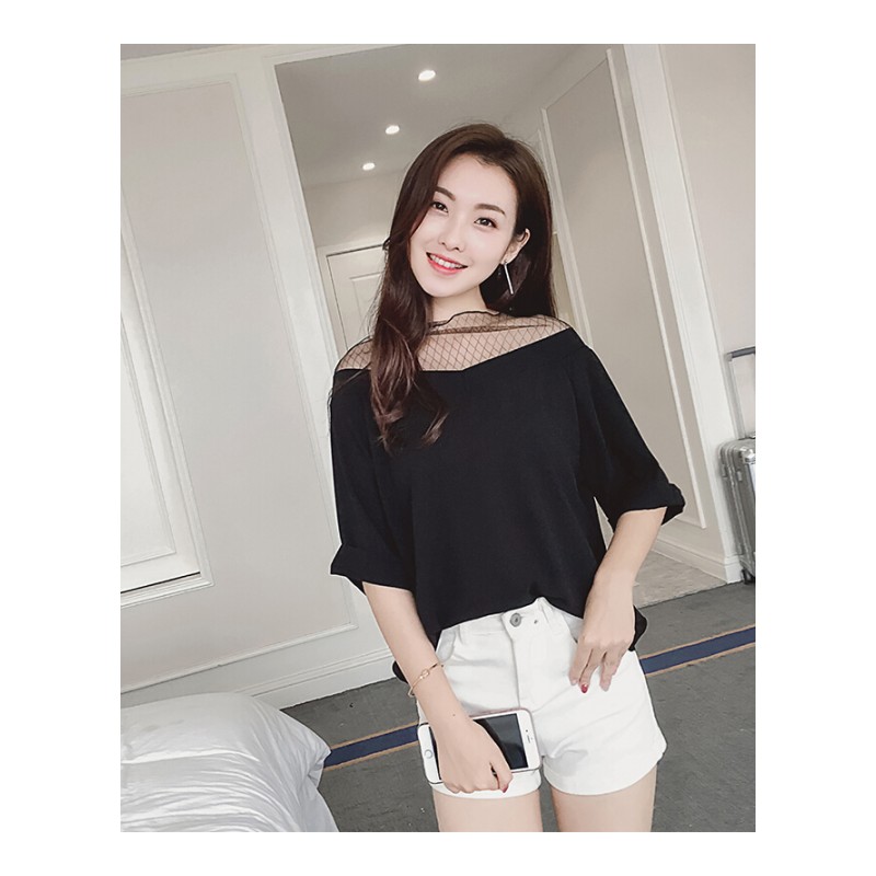 夏季网纱镂空柔美雪纺衫女短袖露肩一字肩上衣学生女韩版百搭宽松米兔340白色