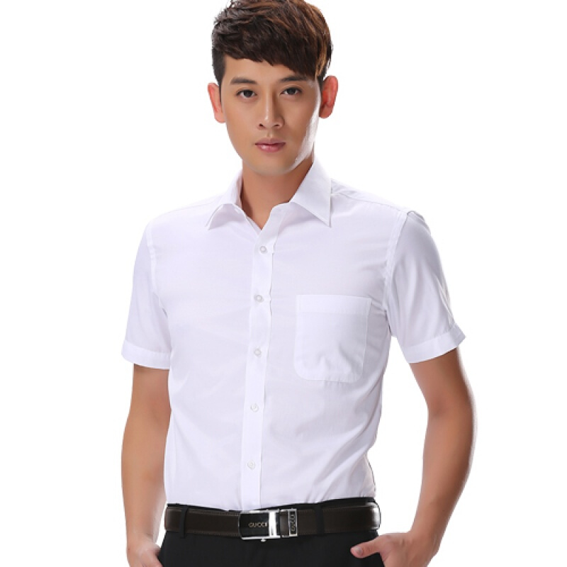 夏季白衬衫男士短袖韩版修身纯色商务正装休闲衬衣男青年职业寸衫白色暗斜纹