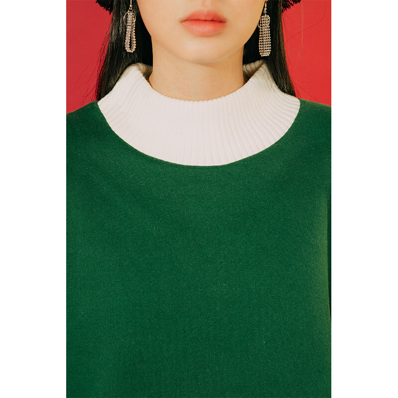 2017韩版学生两色拼接半高领抓绒棉宽松休闲卫衣女绿色