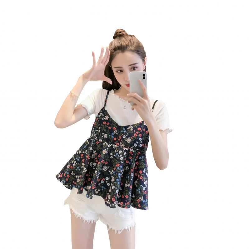 2018夏季韩版时尚女上衣+荷叶边碎花带两件套雪纺衫短袖