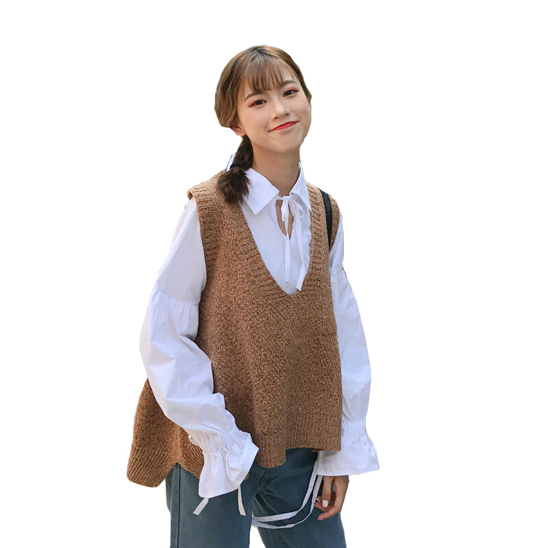秋季女装韩版百搭宽松纯色条纹针织衫套头短款毛衣无袖背心马甲潮卡其色均码(160/84A)