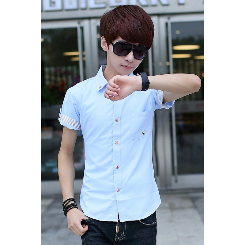 夏季短袖衬衫男士韩版修身型青少年白色衬衣潮男装休闲衣服寸衫男