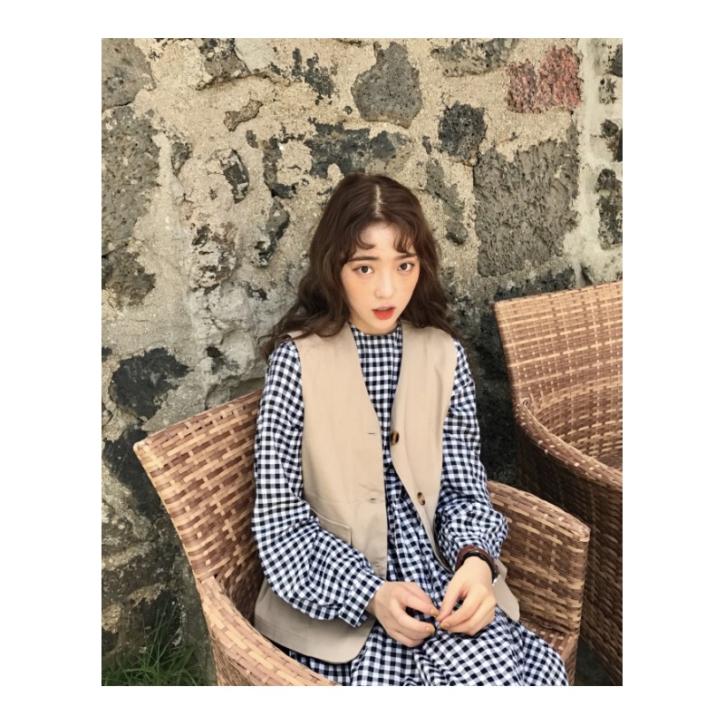 春装女装韩版中长款宽松显瘦长袖格子连衣裙学生长裙+马甲背心潮格子裙单件均码