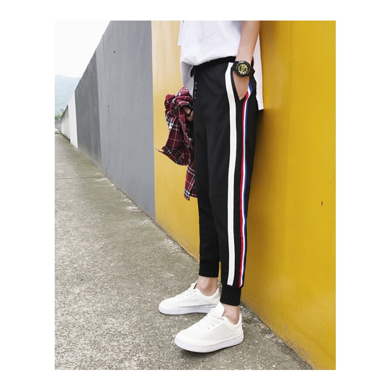 夏季裤子男韩版青少年撞色条纹休闲运动九分裤修身潮流小脚束脚裤