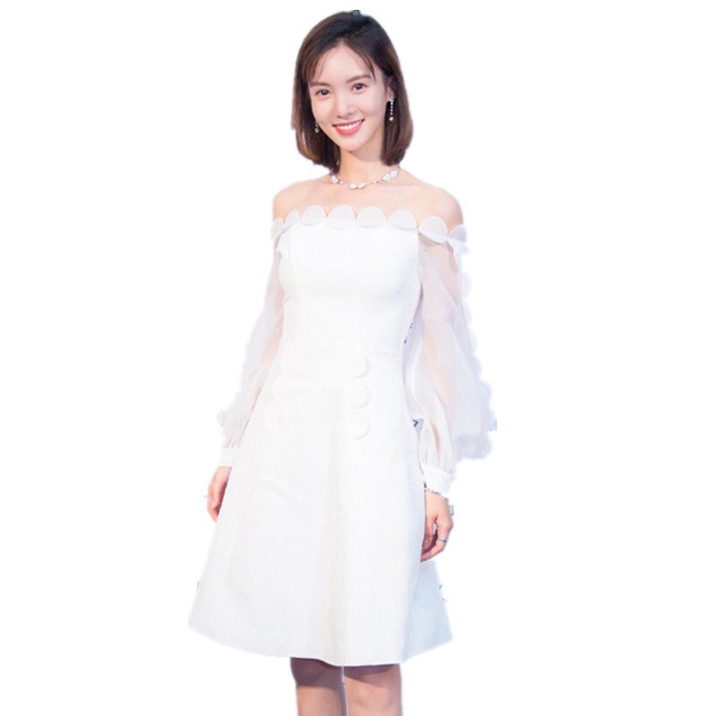 2018春夏金晨同款白色花瓣透纱一字肩长袖连衣裙女礼服裙白色