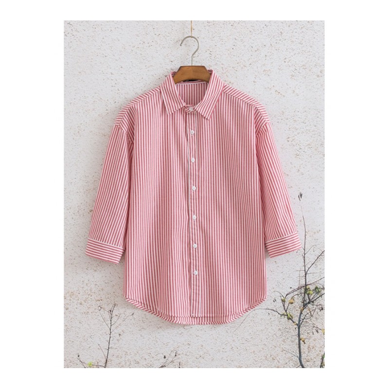 港风小清新百搭条纹7七分袖衬衫夏季棉麻上衣潮男女中袖休闲衬衣