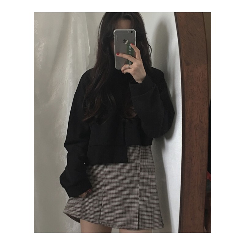 不规则长袖卫衣女2018秋装韩版百搭复古宽松显瘦短款露脐打底上衣黑色均码