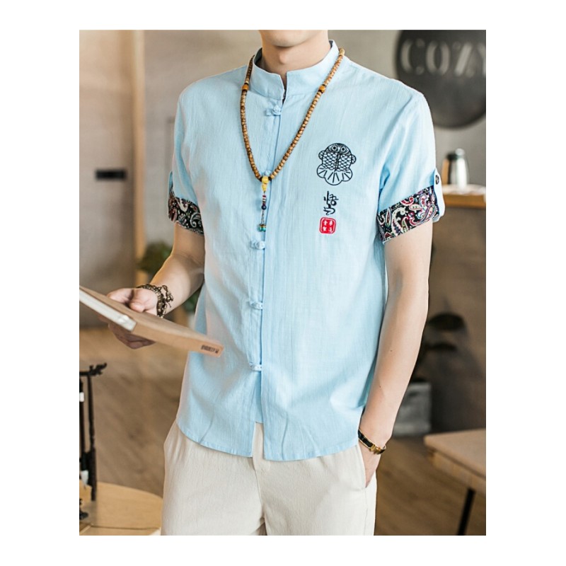 中国风夏季男士盘扣刺绣棉麻短袖衬衫中式休闲青年唐装上衣潮