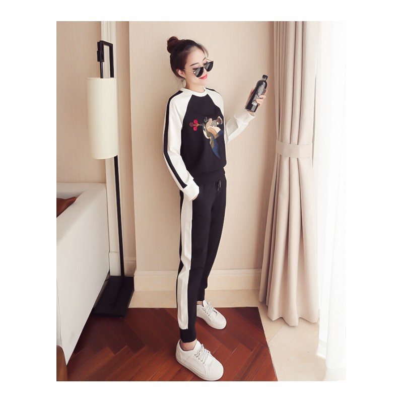 春秋季初中学生潮流宽松一套全套卫衣服女装韩版休闲时髦两件套装黑色套装加绒