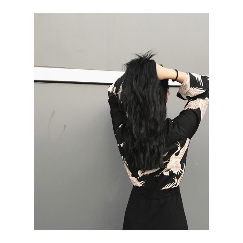 原宿bf风仙鹤衬衫女复古印花港味百搭黑色长袖单排扣上衣学生 图色 均码