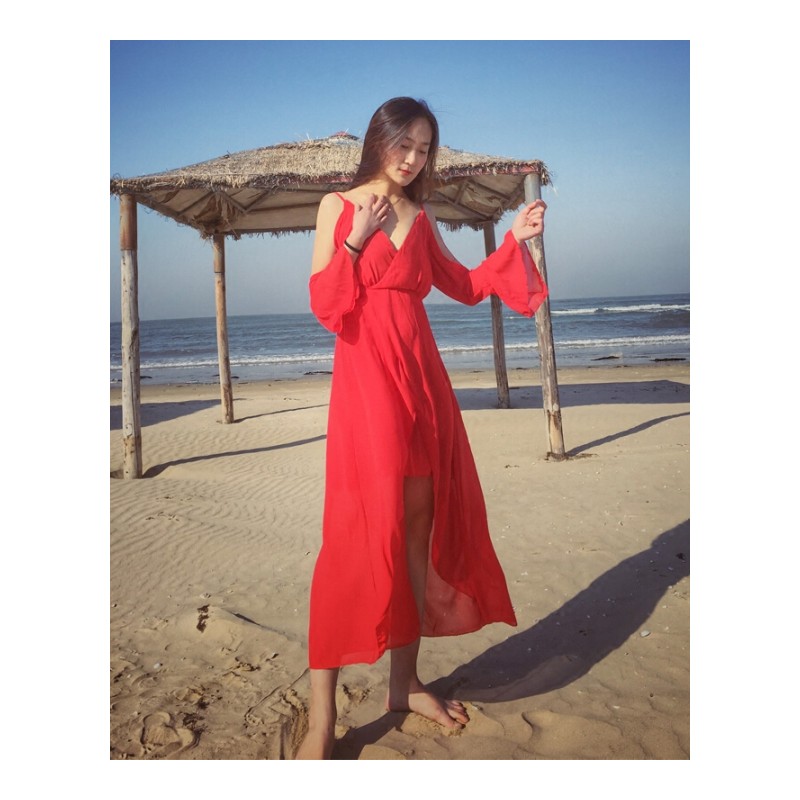 红色海边度假沙滩裙女夏2018巴厘岛泰国显瘦连衣裙礼服长裙仙酒红色现货赠送裹胸头花