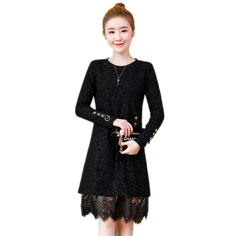 加大码女装长袖蕾丝中长款显瘦亮丝打底衫200斤胖妹妹连衣裙潮黑色
