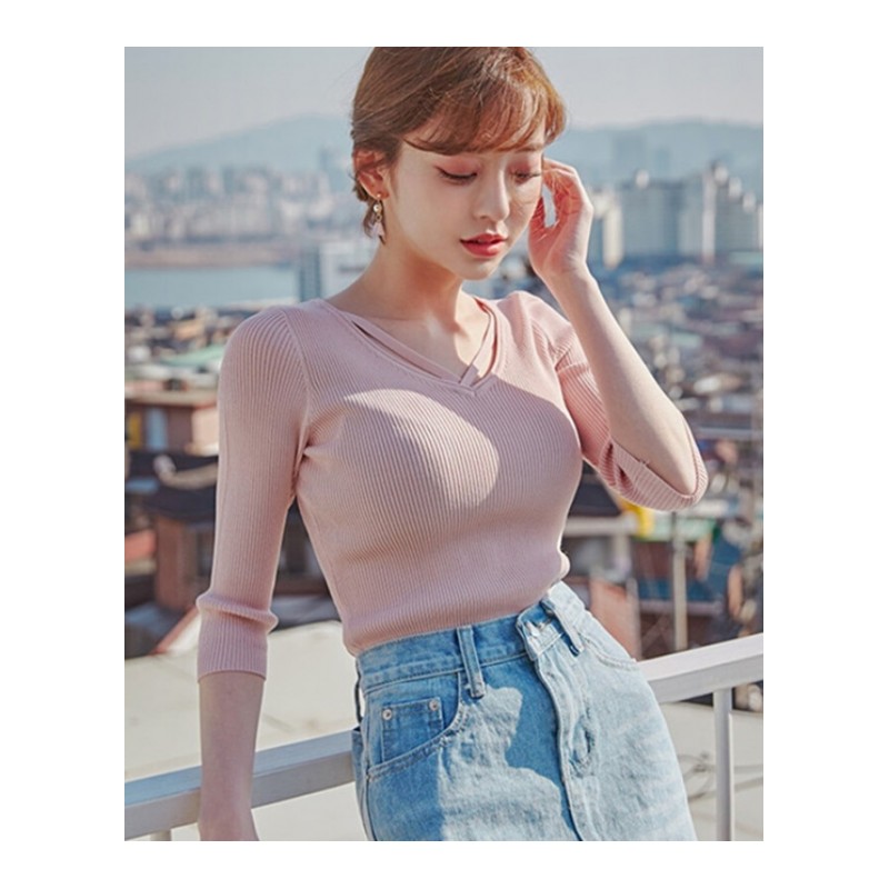 2018秋韩版针织衫前交叉V领短款中袖毛衣修身显瘦打底上衣女