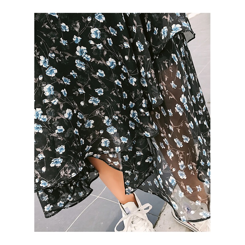 半身长裙高腰碎花a字裙女夏装雪纺chic韩风不规则中长款鱼尾裙子黑色