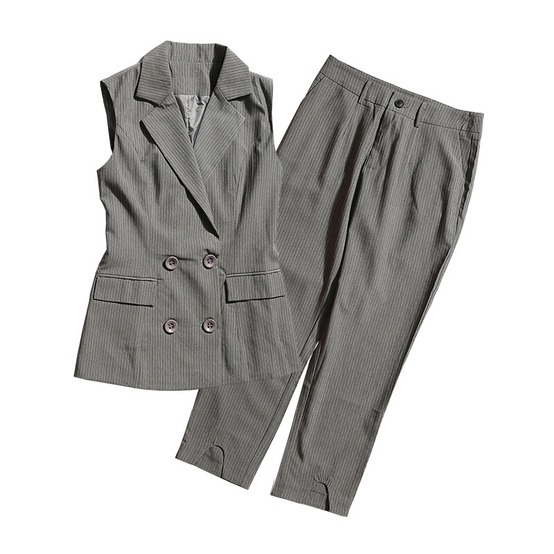 职业装套装女2018夏季时尚条纹西装马甲九分裤韩版休闲两件套灰色条纹