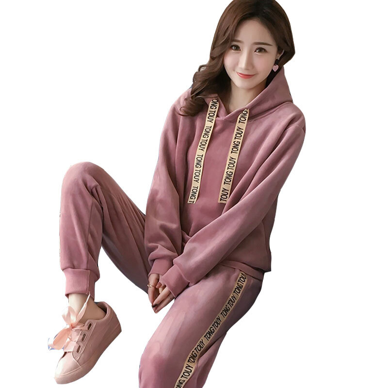 连帽金丝绒卫衣加绒套装女2018秋冬韩范休闲百搭两件套学生薄款潮