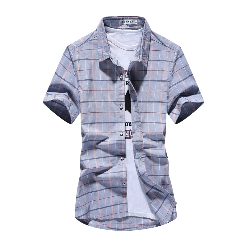 青少年男士短袖格子衬衫纯棉修身型韩版英伦衬衣免烫灰色巴那拉9902