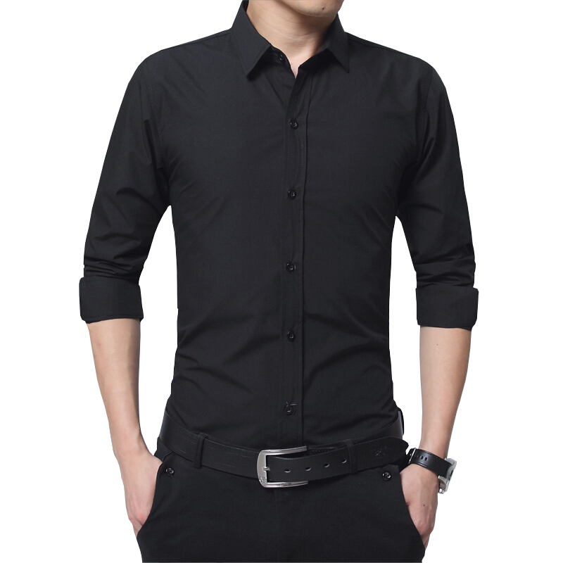 青年男士衬衫长袖2018黑色修身型韩版休闲潮薄款衬衣帅气