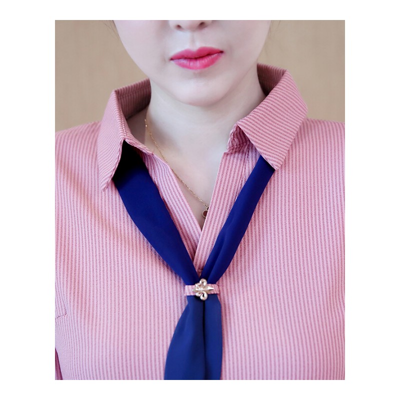 2018秋上衣韩版条纹雪纺衬衫女长袖修身职业装领带白衬衣女装