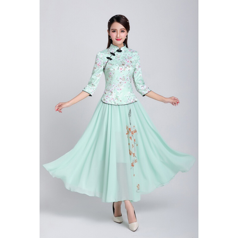 旗袍礼服中式唐装日常改良修身长款民族风大码旗袍两件套装连衣裙