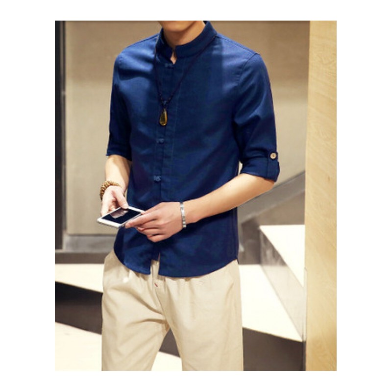 夏季男士亚麻七分袖韩版修身衬衣棉麻短袖复古休闲衬衫大码寸衫潮