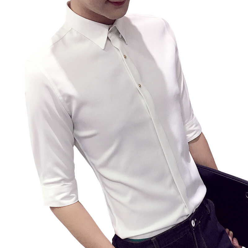 夏季修身男士短袖衬衣商务衬衫潮薄款韩版白型师男装七分袖衬衫