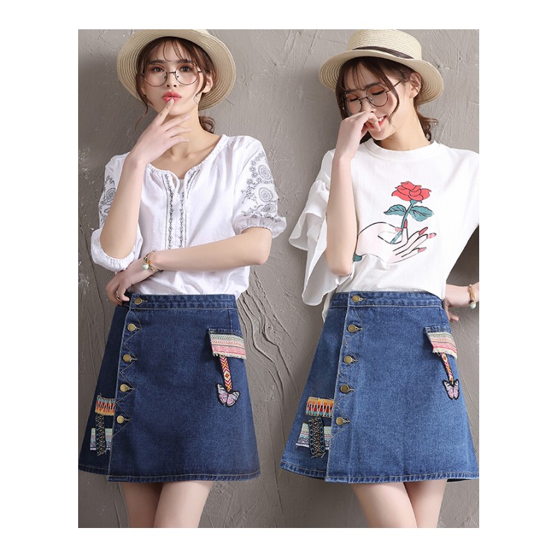 2018春夏高腰chic韩风牛仔半身裙女A字裙短裤刺绣ins火裙子