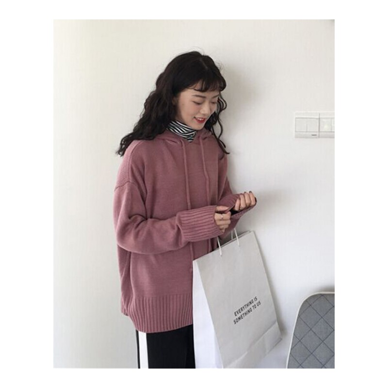 毛衣外套女2018秋装韩版百搭复古宽松显瘦长袖连帽针织衫上衣 卡其色 均码