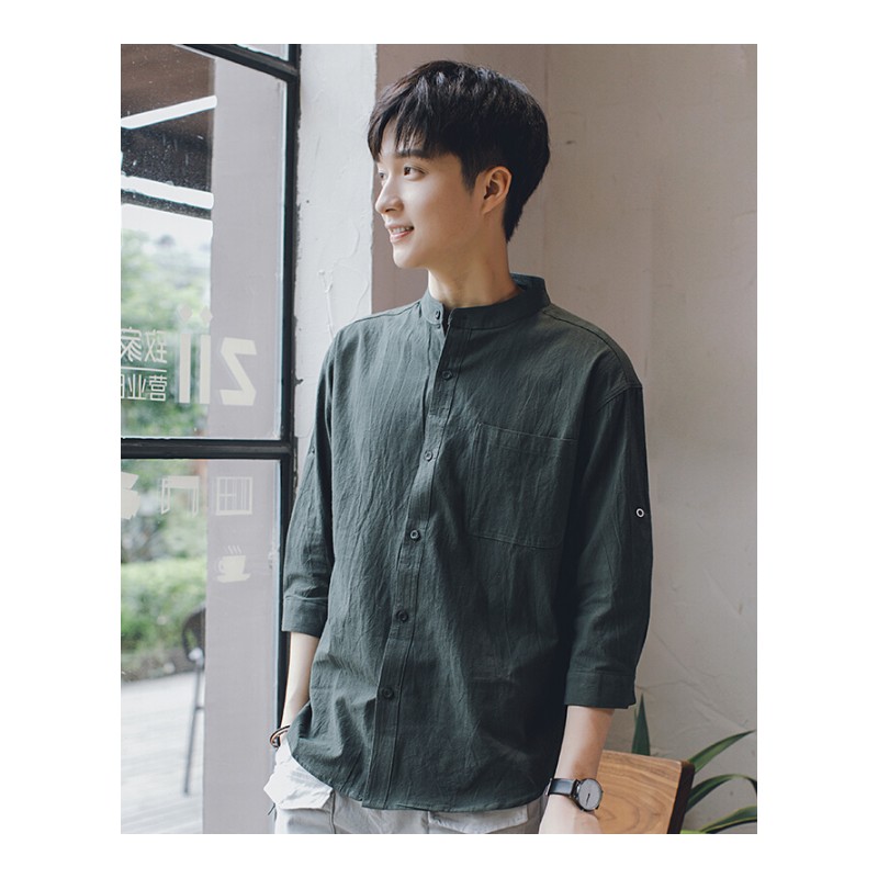 港风衬衫男短袖日系复古宽松薄款韩版夏季百搭学生棉麻七分袖衬衣