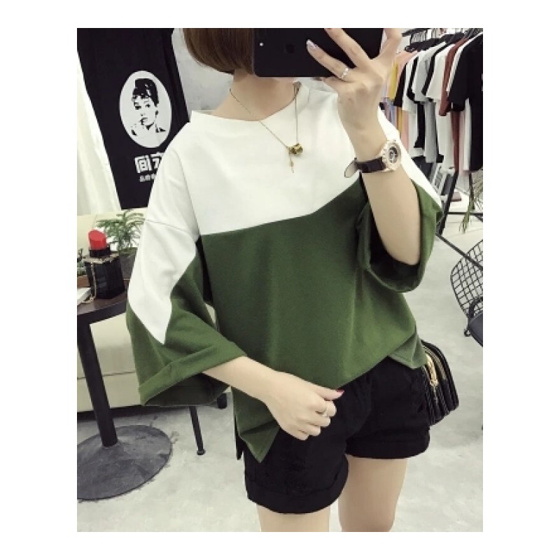 七分中袖女夏季宽松短袖韩版中学生闺蜜五分百搭00后bf上衣服白色(条纹)