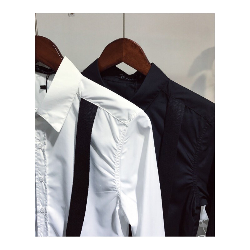2017新款黑白拼接背带衬衫男士韩版衬衣欧美走秀同款型师潮服