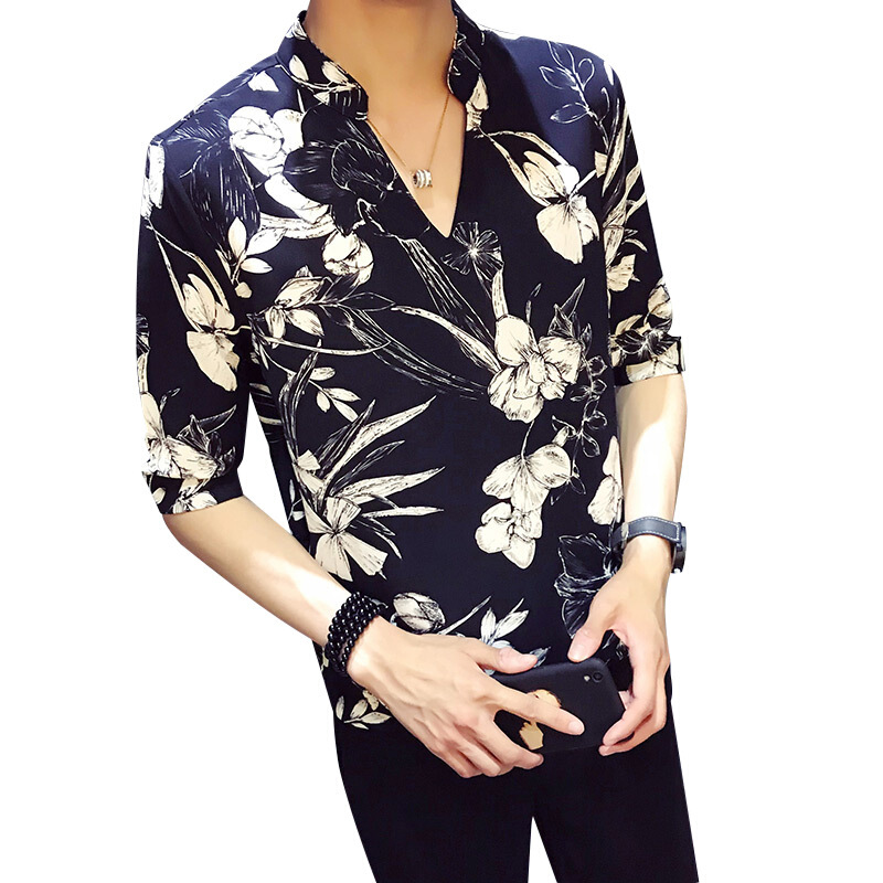 男士短袖衬衫夏装新款韩版潮流五分中袖碎花衬衣个性V领寸衣男装黑色