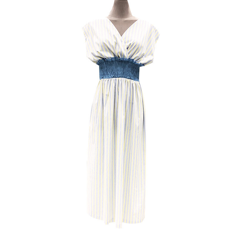 2018夏装新款条纹收腰无袖V领连衣裙宽松百搭中长款套头裙子女装黄色