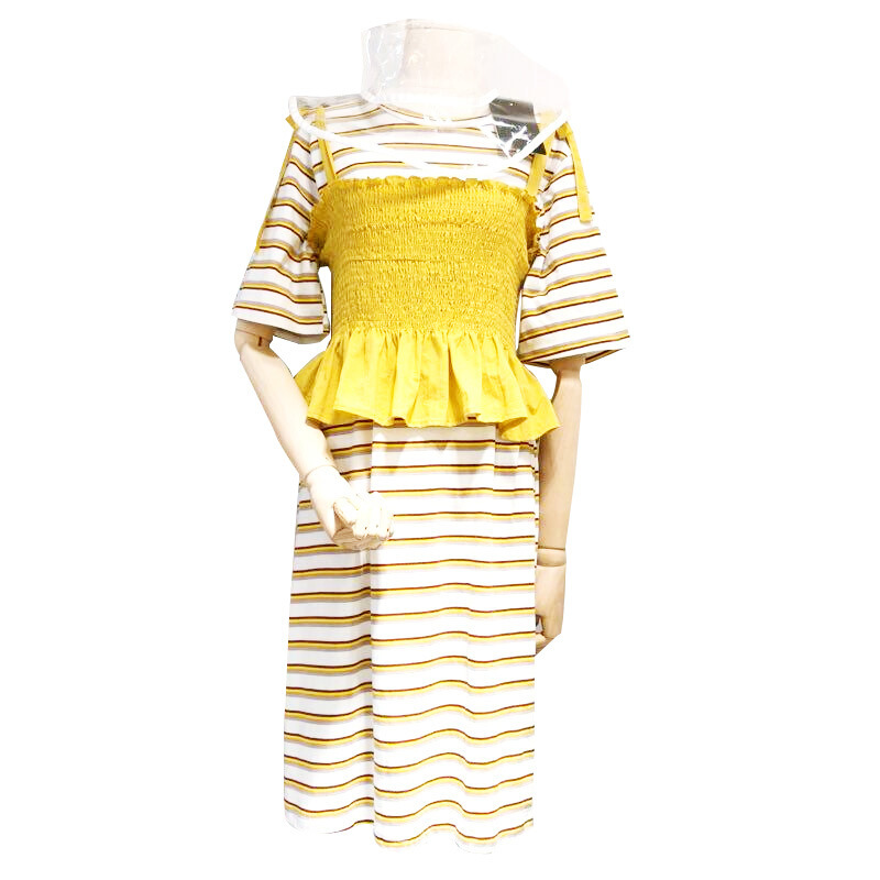 2018夏装新款百褶荷叶边带上衣配条纹短袖连衣裙两件套中长款女 黄色 均码