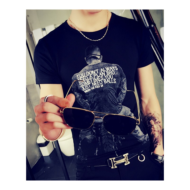 白色圆领短袖T恤男韩版潮流半截袖修身体恤社会人青年男士衣服夏