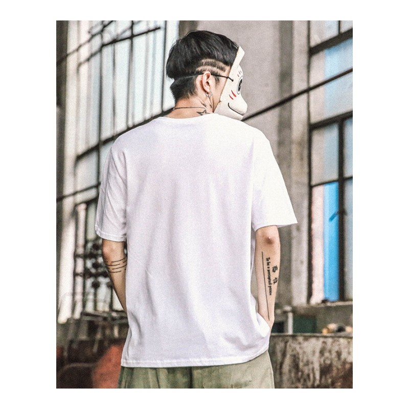 日系原创手绘小猫印花圆领短袖男韩版宽松青年休闲棉T恤男潮体恤白色