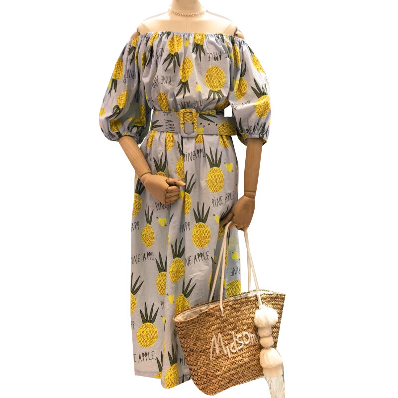 2018夏装新款菠萝印花一字领短袖连衣裙绑带收腰中长款裙子女 黄色 均码