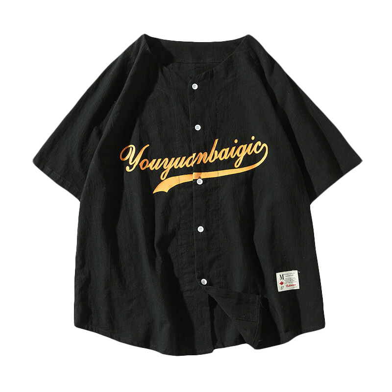 2018夏季字母印花短袖衬衫男士加肥大码宽松衬衣寸衫韩版潮流男装