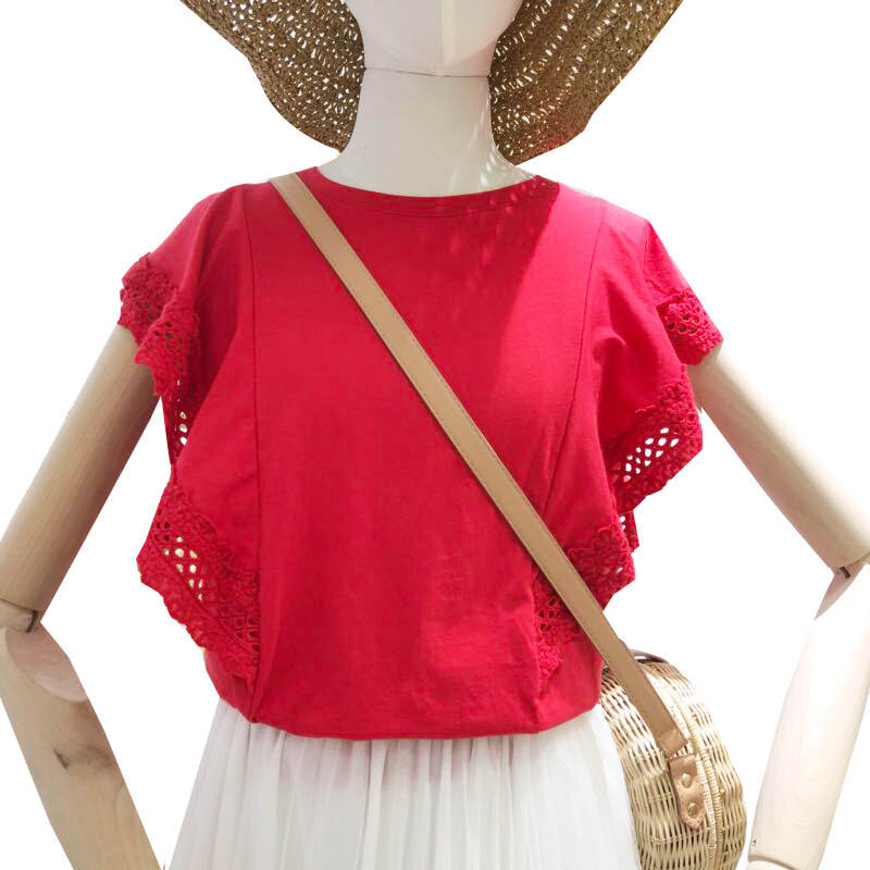 红色荷叶边镂空短袖T恤女2018夏装新款韩版休闲时尚学生半袖上衣红色均码