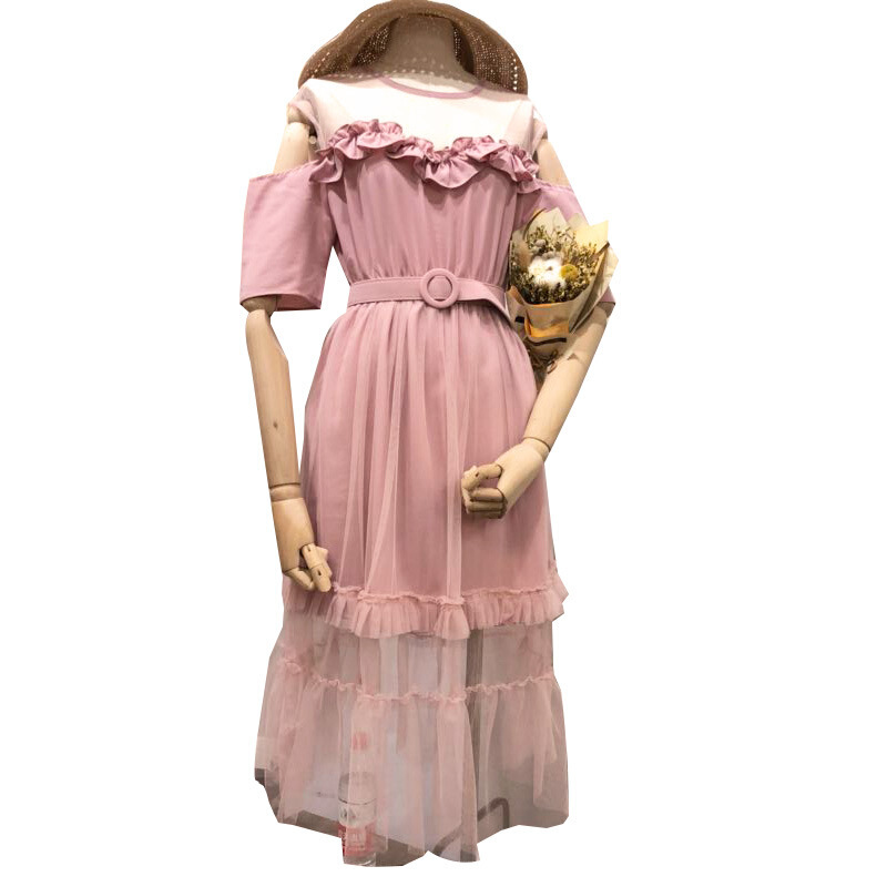 特惠2018夏装网纱拼接荷叶边短袖连衣裙韩范中长软妹裙子女装粉红色