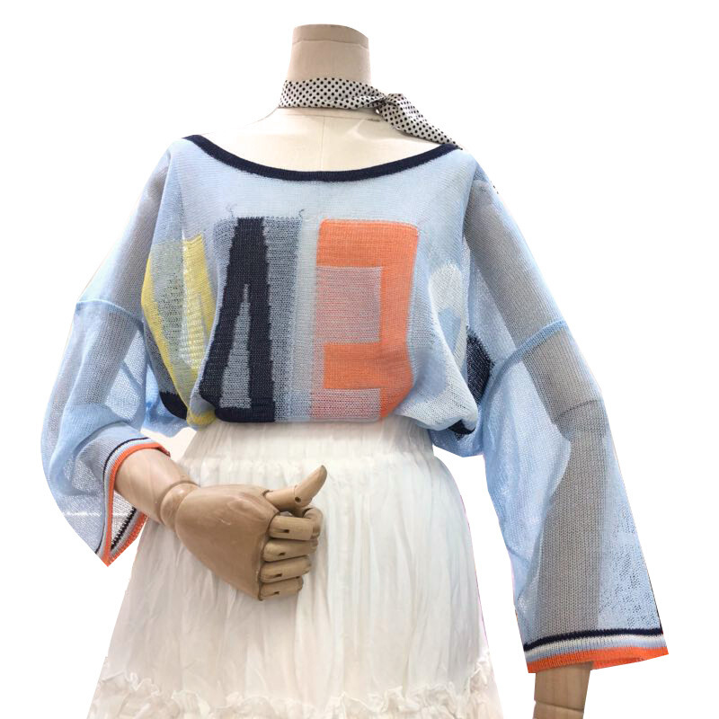 特惠字母拼色薄款针织衫七分袖女2018夏装宽松休闲套头毛衣上衣服蓝色均码